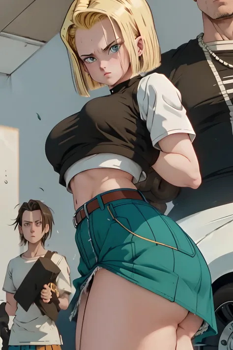 Android 18 lifting a car over her head, shes wearing her classic blue skirt and black jacket with striped sleeves. her tiny pink panties are peeking out of her skirt. She is soaked with sweat. (sweat soaked) her chest strains the fabric of her white t-shir...