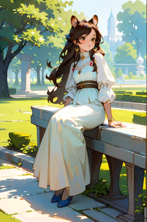 (best quality, masterpiece, ultra-realistic), portrait of 1 beautiful and delicate girl, with a soft and peaceful expression, the background scenery is a palace garden, chipmunk ears, chipmunk tail, full body, fashion concept art