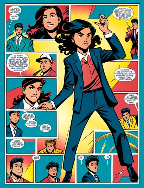 hispanic teenager girl with a black suit and controlling time comic style