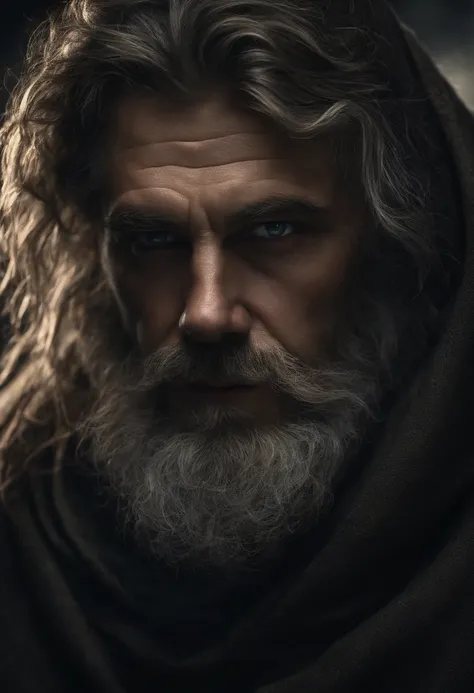 photo, old evil hermit, medieval, piercing_deep-set_eyes, wrinkled face, dark_stichted_cloak, (dramatic lighting:1.25), (shadowy background:1.2), (dirty_ unkempt_gray_hair:1.2), (long_shaggy_beard:1.3), (faded colors:1.1), (sharp focus:1.1), (shadows:1.2),...