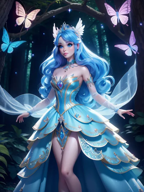 Enter a magical kingdom as Barbie transforms into a graceful forest fairy, surrounded by glittering fireflies and eccentric creatures. Com asas cintilantes e uma coroa de flores, She spreads enchantment in an ethereal forest setting, blue hair, blue eyes ,...