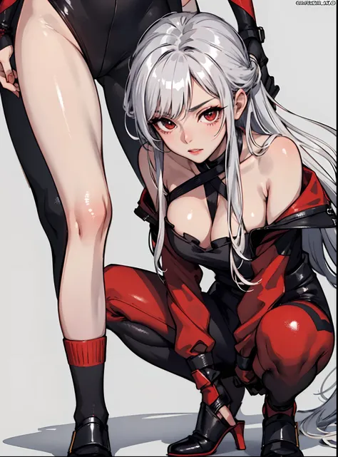 a close up of a woman in a black and red outfit, Girl with silver hair, The anime girl is crouching.  toned, NFSW, (shiny skin), (UHD, 8K wallpaper, High resolution), Perfect anatomy,