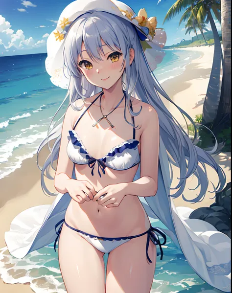 ((masterpiece)), ((best quality)), ((highres)), ((extremely detailed CG unity 8k wallpaper)), solo, tachibana kanade, white bikini, frilled bikini, sun hat, beach, curtained hair, parted hair, silver hair, blush, smile