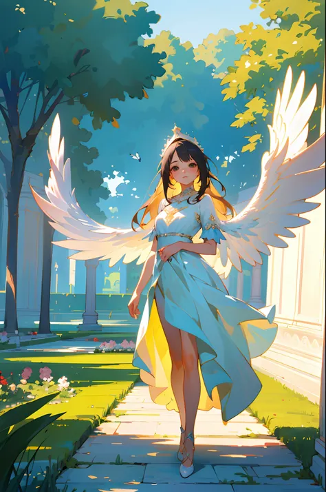 (best quality, masterpiece, ultra-realistic), portrait of 1 beautiful and delicate girl, with a soft and peaceful expression, the background scenery is a palace garden, duck wings, full body, fashion concept art