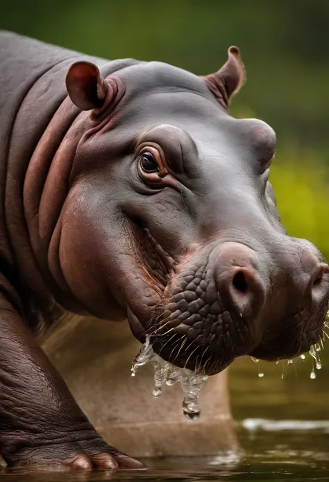 a sweating hippo, realistic, cute, marsh