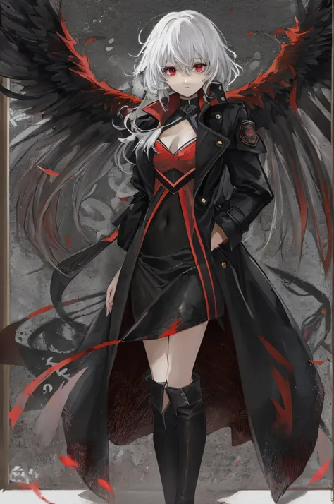 Black Phoenix，Anime shoujo，（（（solo person））），Wear a top that exposes your navel，Long black trench coat，Messy White Hair，with a red eyes，Slightly helpless