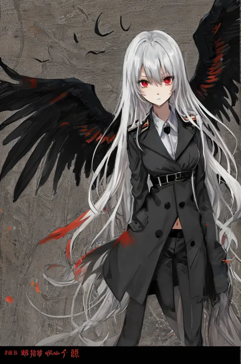 Black Phoenix，Anime shoujo，（（（solo person））），Wear a top that exposes your navel，Long black trench coat，Messy White Hair，with a red eyes，Slightly helpless