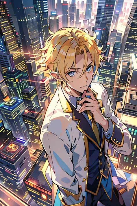 1Male(28 years old,Golden Hair,blue eyes,tall figure)、Anime-style protagonists、Syberpunk、Elf style dress, Elegant posture, gentleman, A warm smile, Overhead view of the composition、Futuristic busy city background、Golden Glare、confused、Beautiful and amazing...