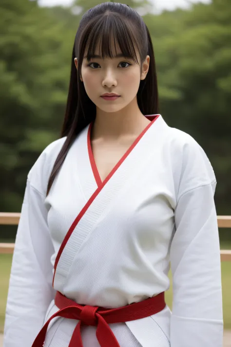 (​masterpiece、high-level image quality、hightquality)、(Beautiful Realistic Asians:1.3),A Japanese Lady、Cool Woman、Colossal tits:1.3、Womens Karate、well-muscled、dojo、Japan Karate、Karate matches、Black strip、perspiring、Professional、