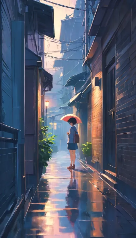 Rainy street view，doorways，one-girl (Back Shadow：1.2)，