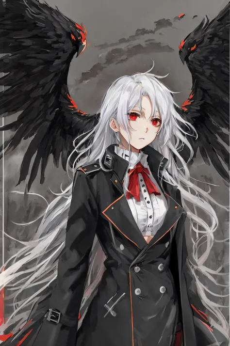 Black Phoenix，Anime shoujo，（（（solo person））），Wear a top that exposes your navel，Long black trench coat，Messy white hair，with a red eyes，Slightly helpless