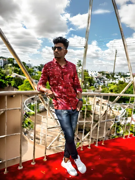 araffe man standing on a bridge with a red carpet, stylish pose, with a cool pose, casual photography, cool pose, mohamed chahin style, jayison devadas style, full body photogenic shot, attractive pose, very artistic pose, casual pose, taken with sony alph...