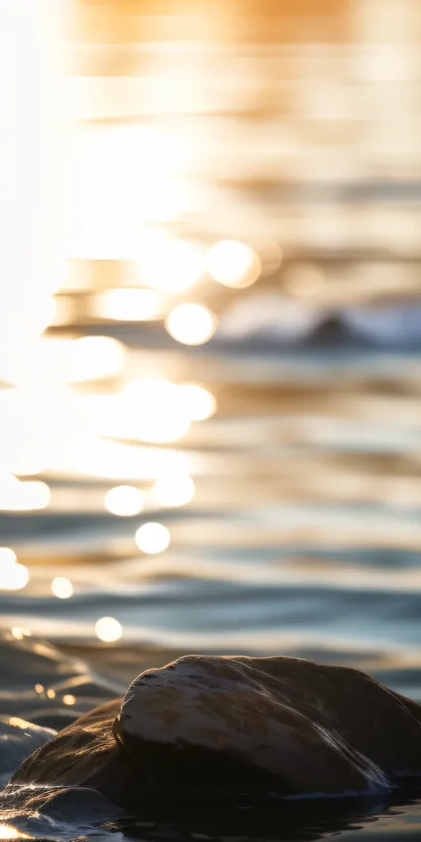 On rocks in the water, water reflecting suns light, Glare on the water, gold refractions off water, rippling water, Soft light.4K, bokeh on side of the river, rippling reflections, (prime time), ( prime time ), a still of an ethereal, sunlight reflected on...