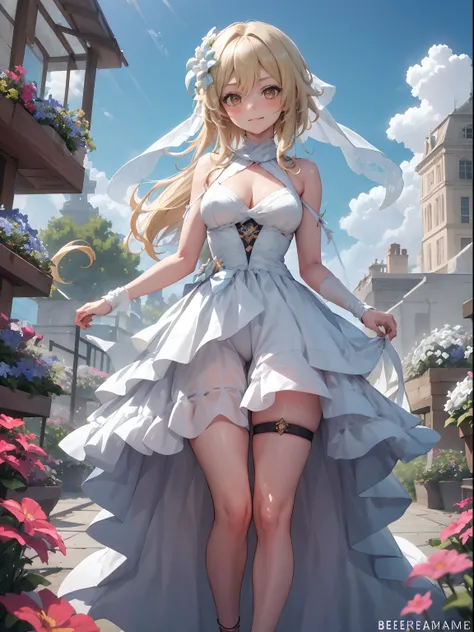 Lumine | genshin impact, master-piece, bestquality, 1girls,25 years old, proportional body, proportional., Wedding Dresses, White Wedding Dress, Long skirt, wedding, ,bara, Standing in the middle of a flower garden, outdoor, wedding, The sky is beautiful, ...