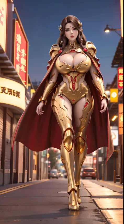 1GIRL, SOLO, (brown hair, hair ornament), (HUGE FAKE BOOBS:1.3), (red, gold, FUTURISTIC DRAGON MECHA ARMOR SUIT, ROYAL CAPE, CLEAVAGE:1.5), (SKINTIGHT YOGA PANTS, HIGH HEELS:1.2), (NSFW GLAMOROUS BODY, SEXY LONG LEGS, FULL BODY:1.3), (FROM FRONT, LOOKING A...
