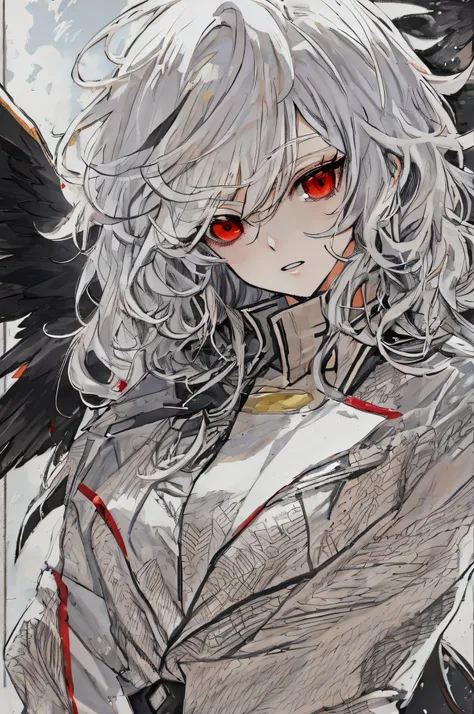 Black Phoenix，Anime shoujo，（（（solo person））），Wear a top that exposes your navel，Long black trench coat，Messy white hair，with a red eyes，Slightly helpless