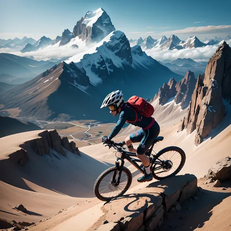 Create me a phone wallpaper with a mountain biker doing a jump with a mountain in the background