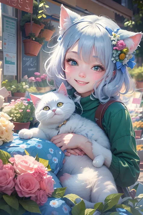 18 years old girl, smiling, and a round-eyed cute cat, Flower market to buy flowers, The décor is blue and white series ,streetview.,