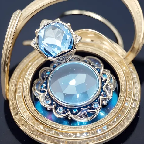 One Ring Focus, Beautiful Metal Ring, The best images, Detailed and delicate depiction, gold、Silver、Platinum Ring、Glossy polished finish, Brilliant, Blurry background light blue, Iridescent light particles, Professional Lighting