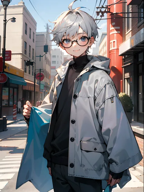 (Male child, eye glasses,A smile, silber hair)(morning), Male child, Soio, Look at the viewer, Winters, Cowboy Shots, (down town)