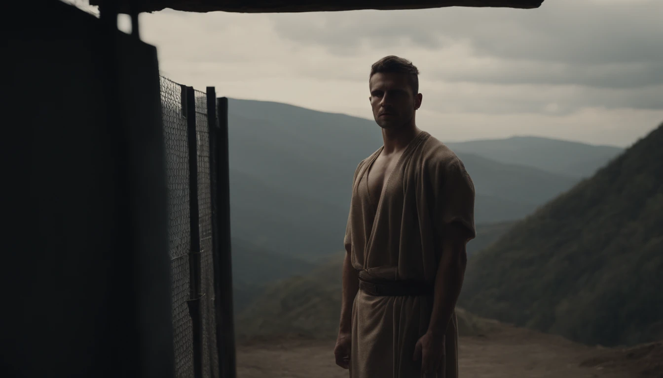 male angel with closed clothes in prison on a mountain