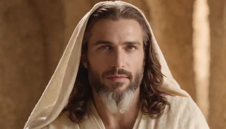 Homem branco, magro, cabelo liso, cabelos longos, barba grande, melhor qualidade, Wearing Ancient Christian Robe, ultra hd, 4k, ultra realista, rosto detalhado, olhos verdes, olhos detalhados, vida real, qualidade perfeita