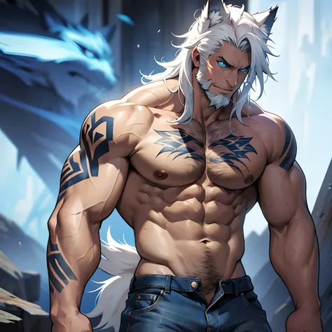 Muscular shirtless male wearing just a pair of torn jeans, has long white hair, has wolf ears, has glowing blue eyes, has light beard stubble, has wolf tail, solo, alone, (SOLO)(ALONE) shirtless, no shirt, (SHIRTLESS)(NO SHIRT), flexing, mystic backround, ...