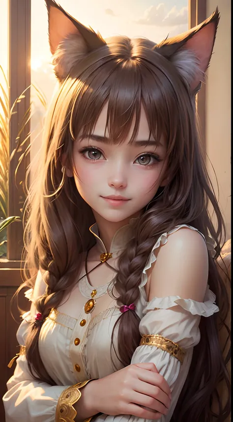 (top-quality, ​masterpiece, hight resolution), (Realisticity),ciinematic light、softlight、1 girl in, Wheat Maiden,hair adornments, Cats ears、 Seductive smile,