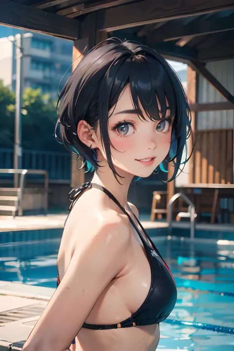 a 20 yo woman、Black blue Hair、Bery short hair、Big smile、swim wears、The bikini、(hi-top fade:1.3)、dark themed、Muted Tones、Subdued Color、highly contrast、(natural skin textures、Hyper-Realism、Soft light、sharp)