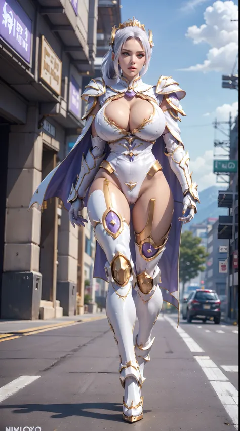 1GIRL, SOLO, (white ponytail hair), (HUGE FAKE BOOBS:1.3), (white, violet, gold, FUTURISTIC DRAGON MECHA ARMOR SUIT, ROYAL CAPE, CLEAVAGE:1.5), (SKINTIGHT YOGA PANTS, HIGH HEELS:1.2), (NSFW GLAMOROUS BODY, SEXY LONG LEGS, FULL BODY:1.3), (FROM FRONT, LOOKI...