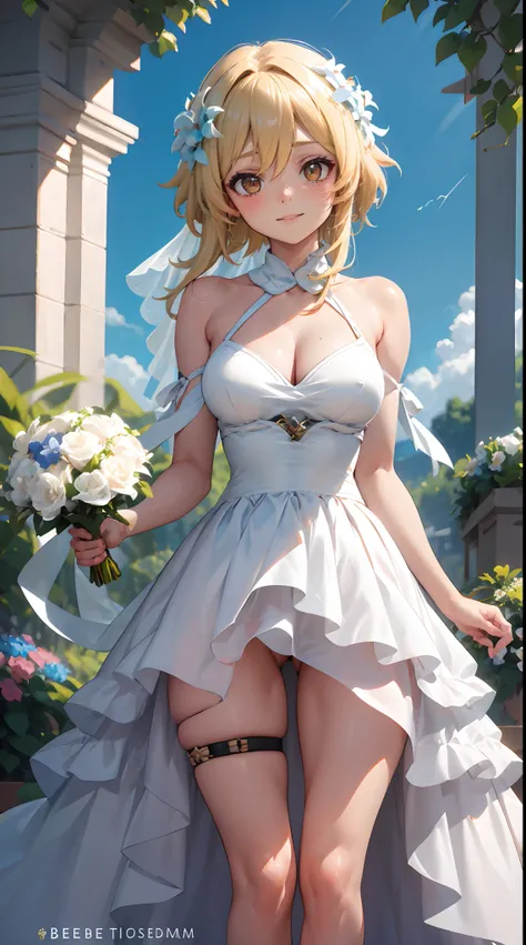 Lumine | genshin impact, master-piece, bestquality, 1girls,25 years old, proportional body, proportional., Wedding Dresses, White Wedding Dress, Long skirt, wedding, ,bara, Standing in the middle of a flower garden, outdoor, wedding, The sky is beautiful, ...