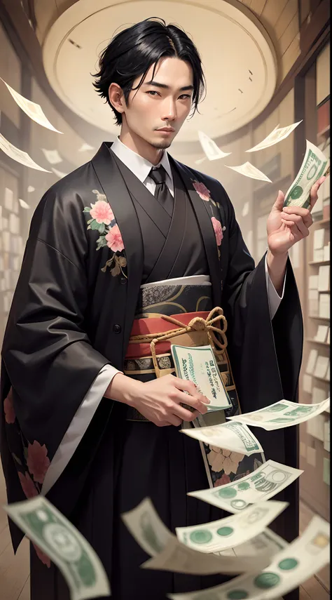 Japanese man, edo period,black hair, kimono dress, A detailed painting of a person in a suit, surrounded by a flurry of dollar bills, with the book Financial Freedom Formula in the center.