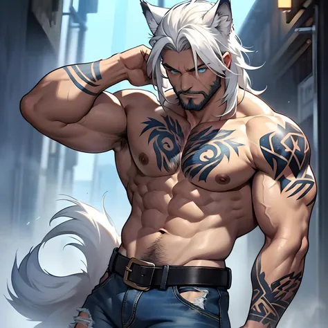 Muscular shirtless male wearing just a pair of torn jeans, has long white hair, has wolf ears, has glowing blue eyes, has light beard stubble, has wolf tail, solo, alone, (SOLO)(ALONE) shirtless, no shirt, (SHIRTLESS)(NO SHIRT), flexing, mystic backround, ...