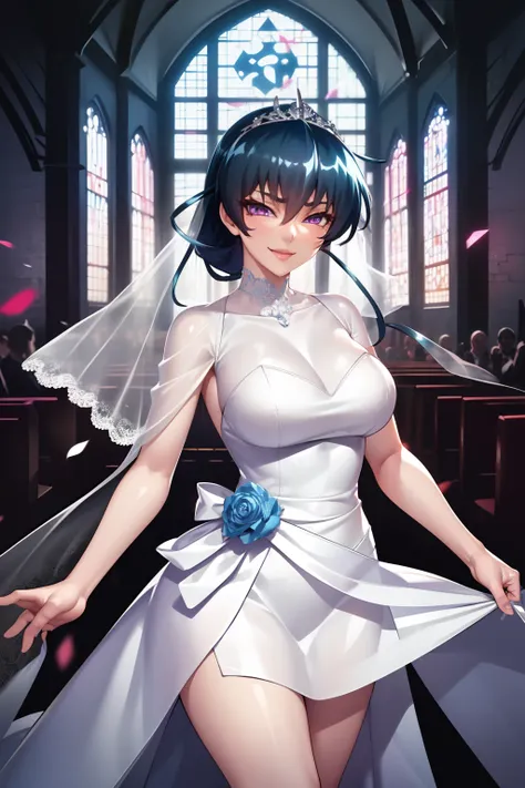 asagi, (gorgeous white wedding dress:1.2),miniskirt,gorgeous tiara,wedding veil,long hair,ponytail, blue hair, hair between eyes...