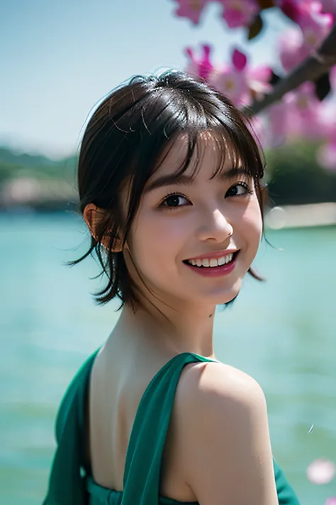 Beautiful and delicate portrait of playful cute girl with short boyish hair, Black hair, Emerald Green Sea, Mischievous smile, Dancing petals, (of the highest quality, masutepiece, Ultra-realistic) And petals floating in the background