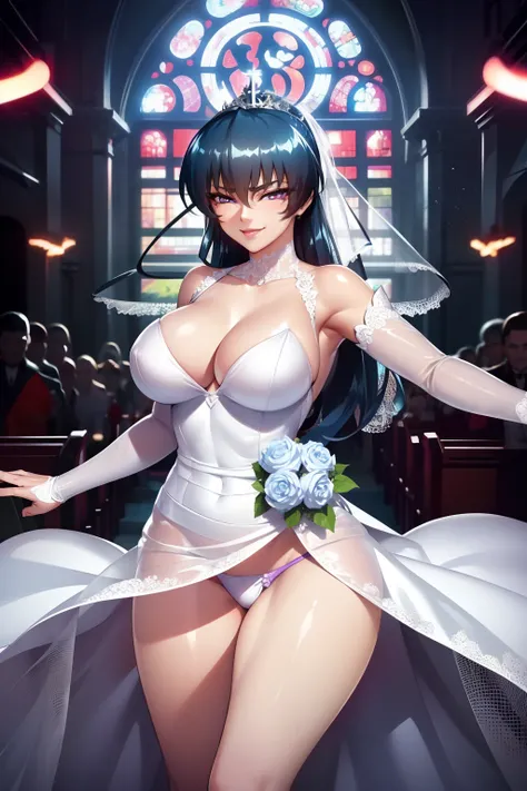 asagi, (Gorgeous white wedding dress:1.2),cleavage,miniskirt,Gorgeous tiara,wedding veil,long hair,ponytail, blue hair, hair between eyes, sidelocks, purple eyes, looking at viewer, church,(highres, high quality:1.1), intricate details, cinematic lighting,...