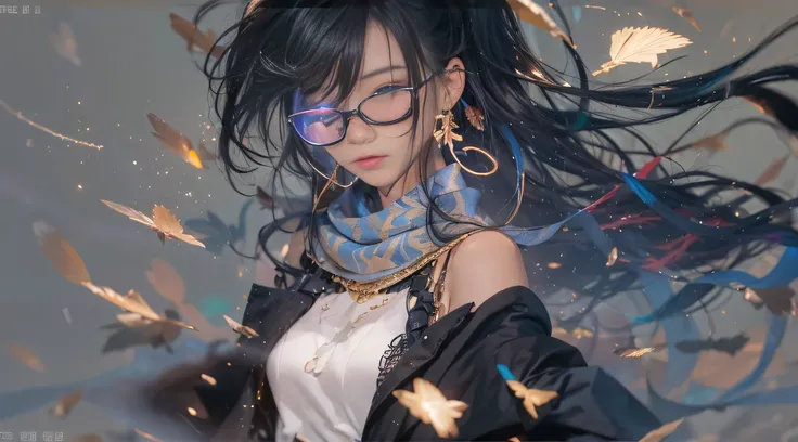 （asterpiece, Best quality), 1girll, Black hair, Wearing gold wire glasses, Cyberpunk, Solo, waist-high, Sexy appearance，Trailer poster effect（The scene of the explosion）My eyes were full of confusion，He clenched his fists，Rush up，Deliver a fatal blow to yo...