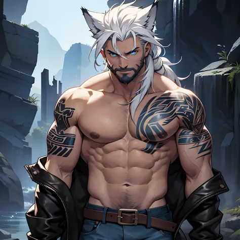 Muscular shirtless male wearing just a pair of torn jeans, has long white hair, has wolf ears, has glowing blue eyes, has light beard stubble, has wolf tail, solo, alone, (SOLO)(ALONE) shirtless, no shirt, (SHIRTLESS)(NO SHIRT), flexing, mystic backround, ...