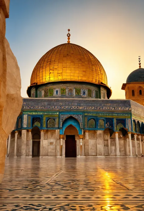 Dome of the rock,ancient architecture,sacred site,Islamic art,golden dome,holy shrine,colorful mosaics, intricate geometric patterns,ornate calligraphy,brilliant sunlight reflecting,beautifully carved pillars,marbled floors,tourists admiring the view,seren...