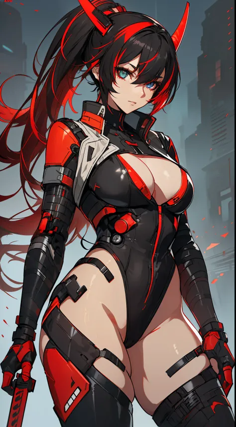 (best quality:1.3, masterpiece, anime) (solo) ((black hair:1.8), (hair with red highlights:1.7), (very long hair, single ponytail)), ((heterochromia_eyes_red_and_grey:1.4)), thick thighs, huge breasts, muscular, athletic, (cyborg:1.4), (robot arms:1.4), (r...