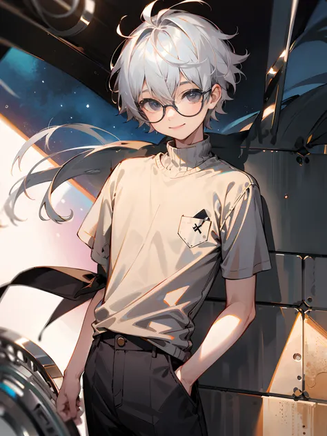 (Male child, eye glasses,A smile, silber hair)