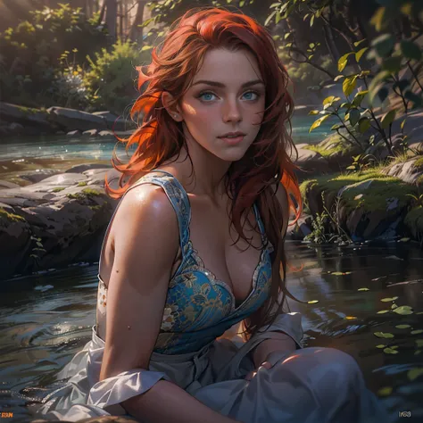 Masterpiece, (((full figure supermodel, full body shot, entire body in frame))), (((magical lighting action shot))) (((beautiful redhead fit pale smiling goddess Scottish woman kneeling in river garden in a park, arms covering flat chest, arms across small...