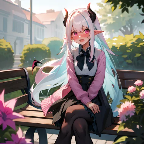 One girl with long hair, white hair, looking at viewer, embarrassed, blushing, open mouth, tears, outdoor , garden, bench, sit on, crossed legs, pink sweater, black bow tie, black hight waist skirt ,thigh, pointy ears, demon wings, demon king, demon horn, ...