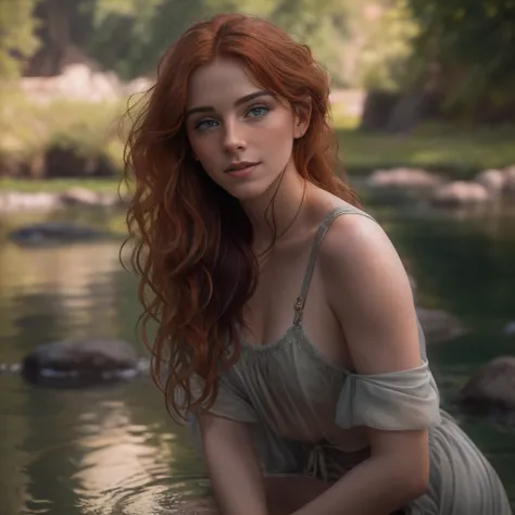 Masterpiece, (((full figure supermodel, full body shot, entire body in frame))), (((magical lighting action shot))) (((beautiful redhead fit pale smiling goddess Scottish woman kneeling in river garden in a park, arms covering flat chest, arms across small...