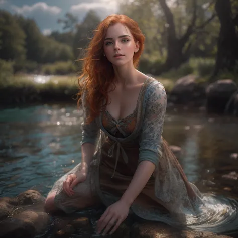 Masterpiece, (((full figure supermodel, full body shot, entire body in frame))), (((magical lighting action shot))) (((beautiful redhead fit pale smiling goddess Scottish woman kneeling in river garden in a park, arms covering flat chest, arms across small...