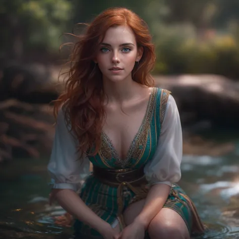 Masterpiece, (((full figure supermodel, full body shot, entire body in frame))), (((magical lighting action shot))) (((beautiful redhead fit pale smiling goddess Scottish woman kneeling in river garden in a park, arms covering flat chest, arms across small...