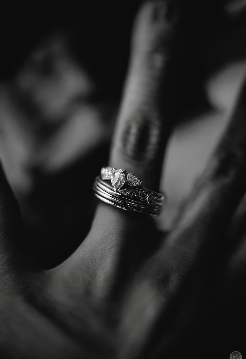 Metal rings），hyper photorealism，Alexander Calder（r，macro shot，reflective lens，spotlight，lord of the ring，Reflection，Openwork engraving，Luxury photography，Wear it on your hand，Local close-up