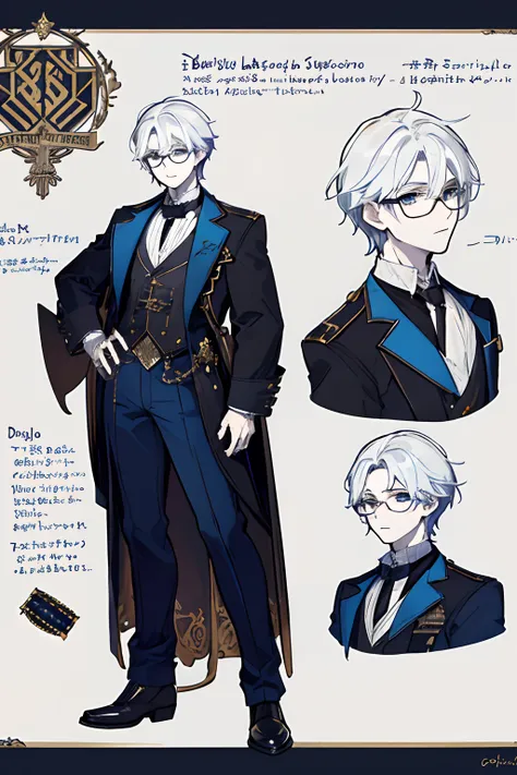 1boy , reference sheet, character design, front angle, side angle, rear angle, dynamic poses, (masterpiece:1.2), (best quality:1.3), royalty outfit, old dusty, steampunk aesthetic, old 40s jumper outfit, diesel punk getup. athletic body. (blue eyes), (shor...