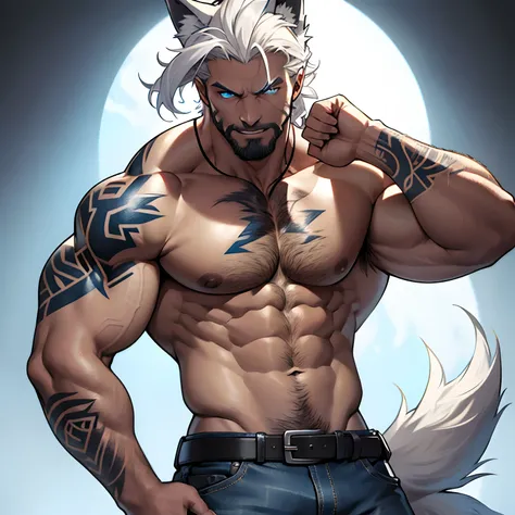 Muscular shirtless male wearing just a pair of torn jeans, has long white hair, has wolf ears, has glowing blue eyes, has light beard stubble, has wolf tail, solo, alone, (SOLO)(ALONE) shirtless, no shirt, (SHIRTLESS)(NO SHIRT), flexing, mystic backround, ...