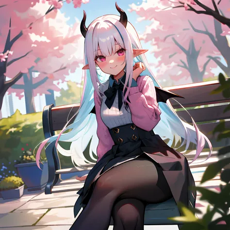 One girl with long hair, white hair, looking at viewer, smile, blushing, outdoor , garden, bench, sit on, crossed legs, pink sweater, black bow tie, black hight waist skirt ,thigh, pointy ears, demon wings, demon king, demon horn, perfect waist, pantyhose